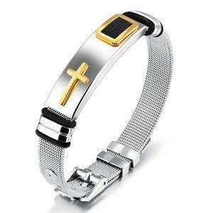 MENS STAINLESS STEEL MESH CROSS BRACELET.